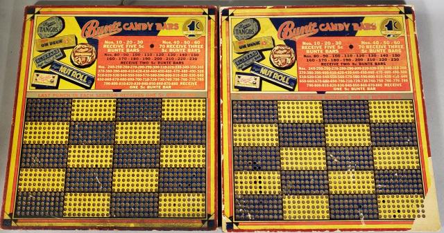 2 VINTAGE BUNTE CANDY PUNCH BOARDS: 2 Vintage Bunte Candy punch boards, Bunte candy bars, punch board games, "Last punch in each section receives one 5 cent Bunte bar", approximate board size 10" x 9 1/8".