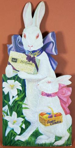 CARDBOARD BUNTE CANDY DISPLAY: Bunte Candy display, bunnies "Bunte Mi Choice Chocolates", Easter Candies, approximate height 16".