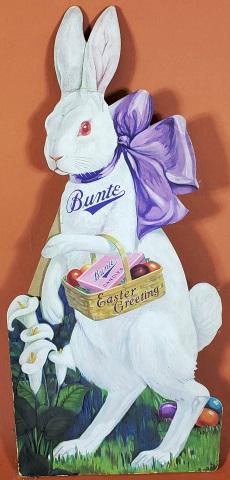 CARDBOARD BUNTE CANDY DISPLAY: Bunte Candy display, bunny "Bunte Mi Choice Chocolates", Easter Candies, circa 1937, approximate height 16 1/8".
