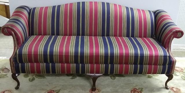 QUEEN ANNE STYLE SOFA: By Berne, having camel back and striped upholstery, approximate height 35 1/2".