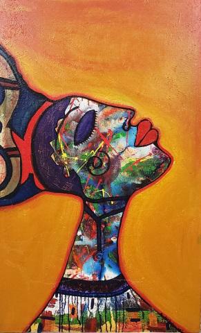 SHIRLEY HUDSON ORIGINAL PAINTING: "Not Today", unframed oil on canvas, signed lower right, sticker on back reads "SWIC Black History Month Series, Feb. 2011", approximate size 47 7/8" x 29 7/8".