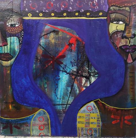 SHIRLEY HUDSON ORIGINAL PAINTING: 2 figures, unframed acrylic on canvas, signed lower right, approximate size 23 7/8" x 23 7/8".