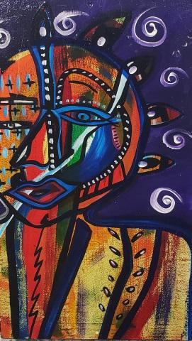 SHIRLEY HUDSON ORIGINAL PAINTING: Abstract figure, unframed acrylic on panel, signed lower right, approximate size 23 5/8" x 13 3/4.