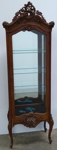 ITALIAN CARVED WOOD CURIO CABINET: Having carved floral decoration, 3 glass shelves, approximate height 71 3/8", width 24 1/4", depth 13 1/2".