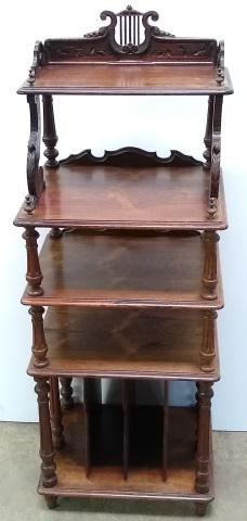 WOOD ETAGERE: Having 4 shelves over to compartments, , approximate height 51 1/2", width 19 1/4", depth 15".