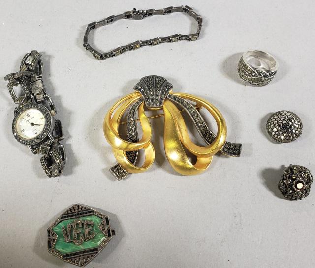 7 PIECES OF STERLING SILVER: Marcasite jewelry, 2 pins, bracelet, watch, ring and 2 single earrings, 2 pcs marked Sterling J.J.