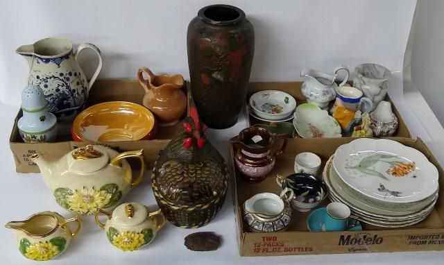 4 GROUPS: Tea set, cups, saucers, lusterware pitcher, pottery vase, hen on nest, etc.