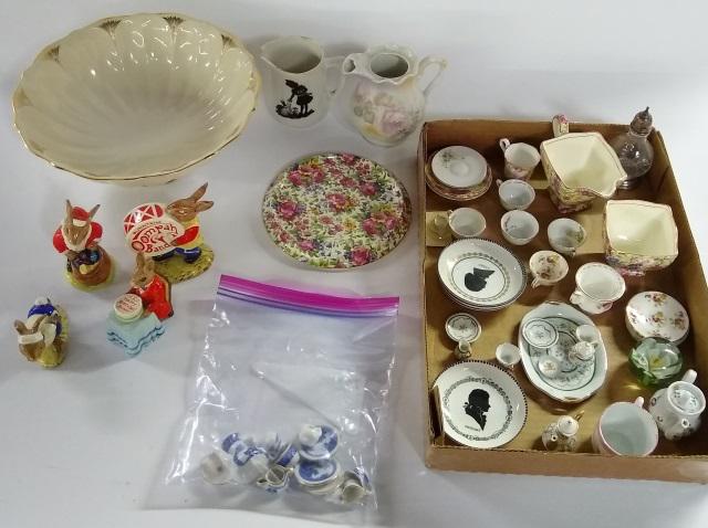 GROUP: Lenox bowl, Austrian saucers, miniature cups & saucers, 4 Royal Doulton Bunnykins, etc.