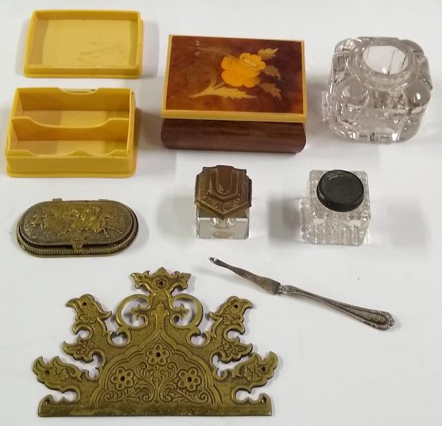 GROUP: Dresser boxes, ink bottle, etc.