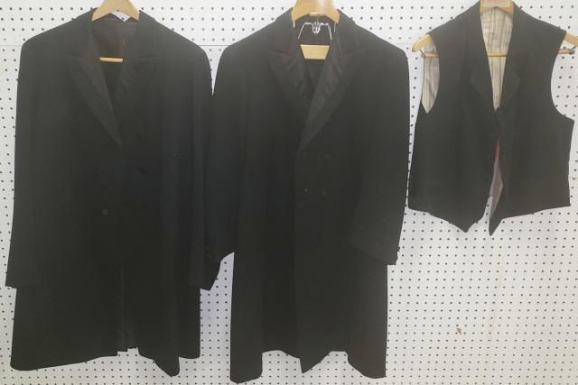 3 VINTAGE PIECES: 2 tuxedo jackets and a vest, 1 dated 1901.