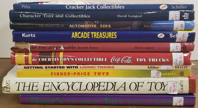 10 COLLECTOR REFERENCE BOOKS: Including, Cracker-Jack collectibles, Arcade treasures, Automotive toys, Fisher-Price toys, Collectible Coca-Cola toy trucks, etc.
