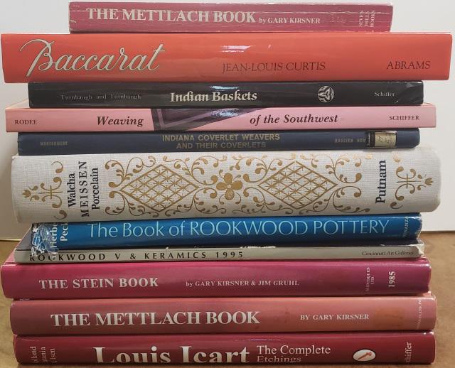 11 COLLECTORS REFERENCE BOOKS: Including, Baccarat, Meissen porcelain, Rookwood, The Mettlach book, Indian baskets, Louis Icart, etc.
