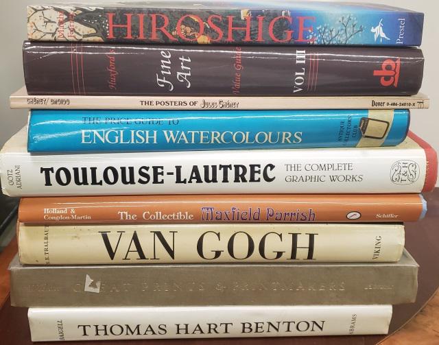 9 ART BOOKS & REFERENCE BOOKS: Including, Thomas Hart Benton, Great prints & printmakers, Hiroshige, Van Gogh, Toulouse-Lautrec, Maxfield Parrish, etc.