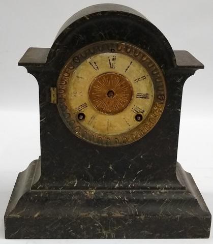 MANTEL CLOCK: Having black sleight case, fitted with time and strike movement.
