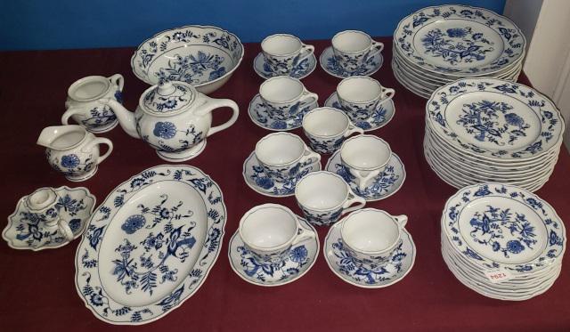 SET OF BLUE DANUBE DINNERWARE: "Blue Onion", 8 dinner plates, 11 salad plates, 9 bread plates, 10 cups, 8 saucers, 6 serving pieces.