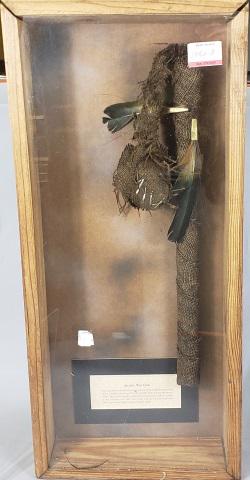 DECORATIVE APACHE WAR CLUB: Enclosed in shadow box.