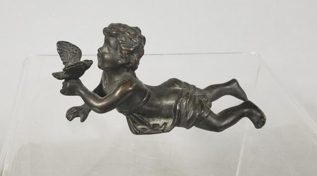 AUGUSTE MOREAU BRONZE SCULPTURE: Boy with bird, signed Aug Moreau, approximate length 4 5/8".