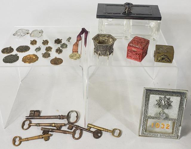 GROUP OF MISC.: Apartment mailbox cover, skeleton keys, pins, etc.