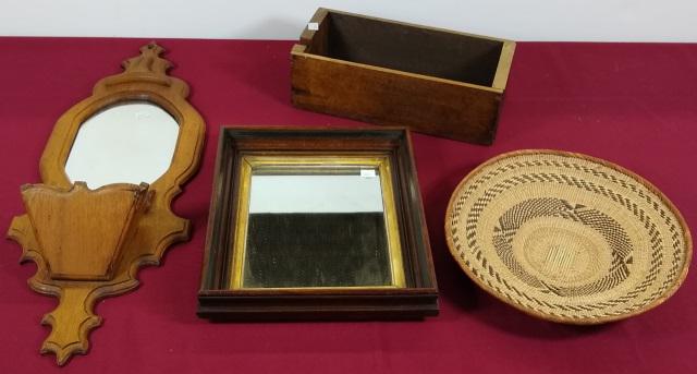4 PIECES: Victorian wall mirror with wall pocket, picture frame, Native American style woven basket, and drawer.