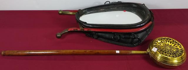 2 PIECES: Brass bed warmer with wood handle, approximate length 48", and a horse collar fitted with mirror.