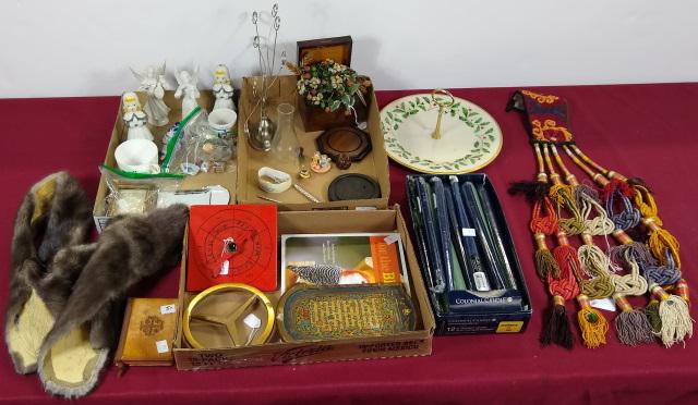 4 GROUPS: Lenox candy tray, hand painted napkin ring, figures of angels, candles, etc.