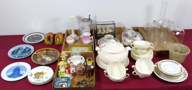 GROUP: Framed print, castle scene, Bavarian covered sugar, Wedgwood dinnerware, collector plates, Dutch wooden shoes, etc.