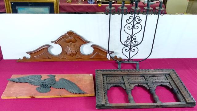 4 PIECES: Wall plaque with tin eagle, architectural door, iron candle stand, and Victorian cornice.