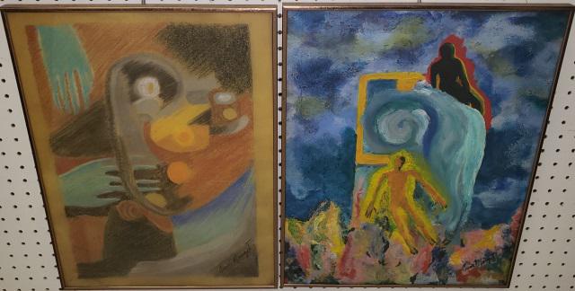 2 MARGOT FRAMED WORKS: Abstracts, framed oil on canvas signed lower right, framed chalk drawing signed lower right, frame size 20 14" x 16 1/4".