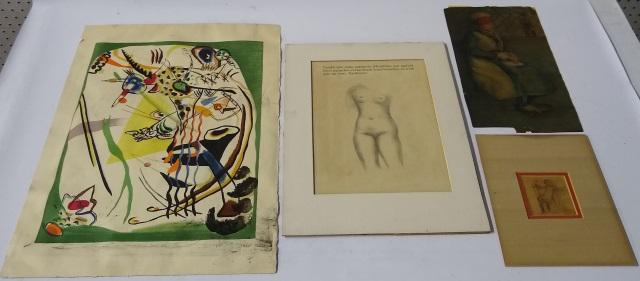 4 UNFRAMED PIECES: Unknown Artist (19th/Early 20th C.), seated woman, pencil sketch on tan paper, print of Dutch woman, book page of nude, and lithograph after Wassily Kandinsky made after original 1919 painting by arti