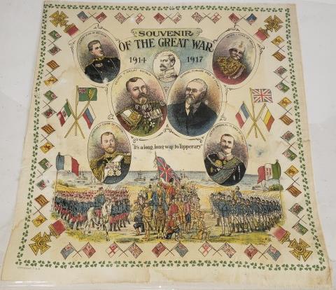 SOUVENIR HANDKERCHIEF: "Souvenir of the Great War 1914-1917", "It's a long, long way to Tipperary", 16 1/2" x 15 7/8". Deaccessioned from a Midwestern Museum.