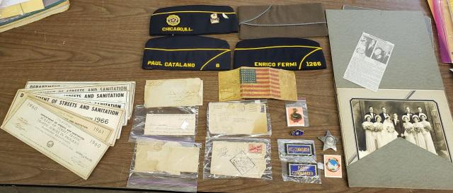 GROUP OF MISCELLANEOUS: Including WWII letters, American Legion & Italian American War Veterans caps, Department of Streets & Sanitation parking plaques, photos, etc.