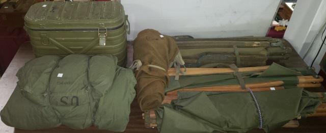 GROUP OF ARMY ITEMS: Including U.S. Military Mermite food storage container, has 2 containers, (missing one, and missing lids), 3 Army cots, sleeping bag and blanket.
