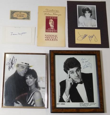 GROUP OF AUTOGRAPHS: Howard Keel- framed black and white signed 8 1/2" x 10" photo with actress Linda Gray; Jay Leno- signed and inscribed "Thanks The Best!" 8" x 10" publicity photo in 9 1/2" x 11 1/2" frame with caricat
