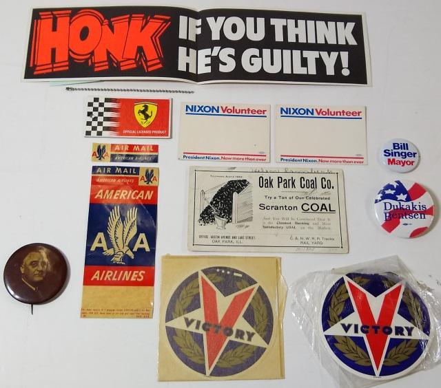 GROUP OF EPHEMERA: 1940 Franklin Delano Roosevelt presidential campaign button, American Airlines baggage sticker, Ferrari key chain, 2 Nixon volunteer nametags, etc.