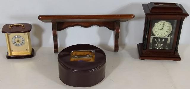 4 PIECES: 2 mantle clocks, clock shelf, and a group of poker chips.