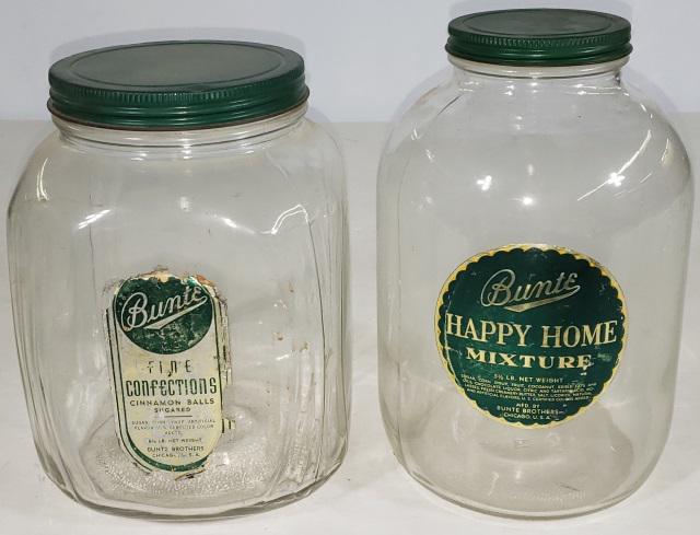 2 BUNTE CANDY JARS: "Happy Home Mixture" and "Cinnamon Balls, Sugared", tallest height 9 1/8".