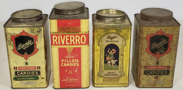 4 BUNTE CANDY TINS: "Riverro", "Fine Hard Candies, Messina Lemons", "Diana Stuft Confections" and "Fruit Drops".