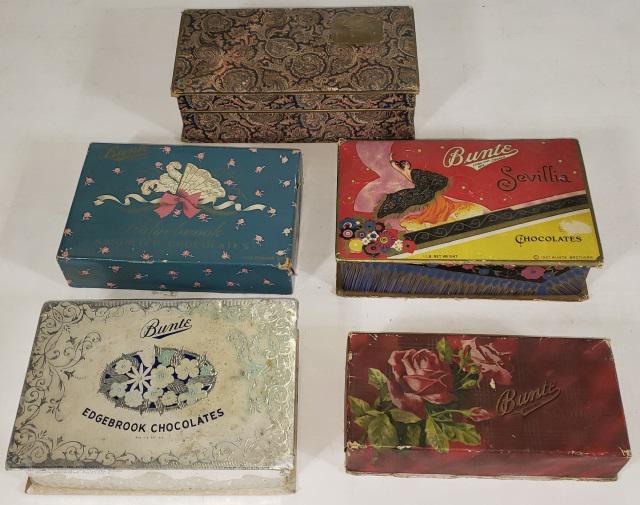 5 BUNTE CANDY BOXES: "Sevillia Chocolates", "Edgebrook Chocolates", "Est Supreme", "Edgebrook Assorted Chocolates", "Sevillia Chocolates".