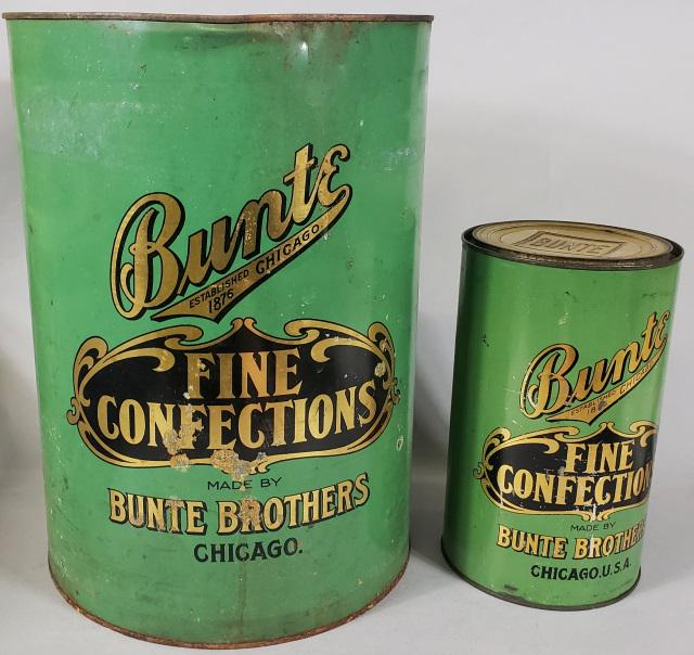2 BUNTE CANDY TINS: 2 Bunte Candy tins, green in color, "Bunte Fine Confections", approximate heights 14" and 8 1/4".