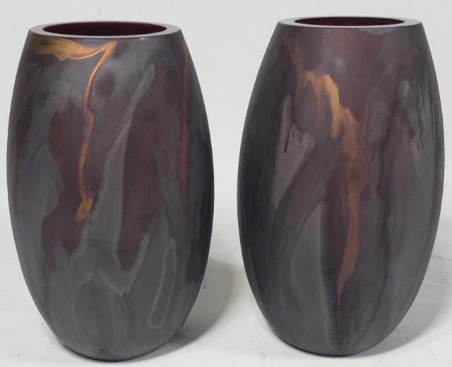 PAIR OF ART GLASS VASES: Multi colored, approximate height 6 3/4".