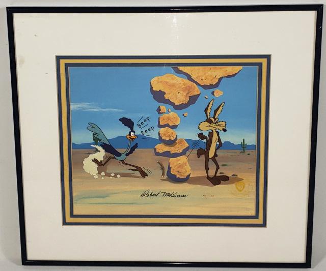 WILE E. COYOTE AND THE ROAD RUNNER CELL ART: "Coyote strikes again", framed art, signed Robert McKimson lower center and numbered 35/500, with cert on back, approximate frame size 17 1/4" x 19 1/4".
