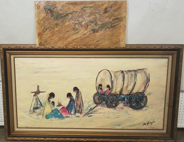 2 ETTORE DEGRAZIA PRINTS: Wild horses/Arizona, unframed print on board, signed in plate lower right DeGrazia/Arizona, also hand signed lower left "To Ruth & Leonard, DeGrazia-Arizona-USA 1970", approximate size 13 1/2" x 27", 