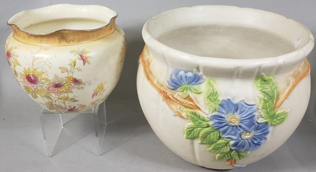 2 ART POTTERY JARDINIERES: One by Robinson Ransbottom pottery company, marked R.R.P. Co. Roseville Ohio., #421-11, approximate height 9 5/8", diameter 12 1/2", along with a Royal Worcester style jardiniere, with floral decorati