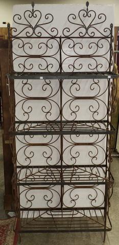 WROUGHT-IRON BAKERS RACK: Having 4 shelves, approximate height 83 1/2".