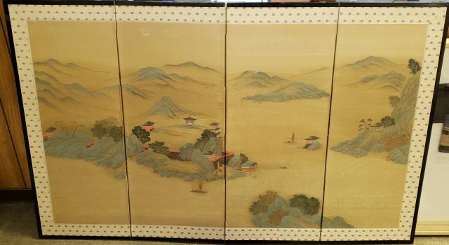 4-PANEL ORIENTAL WALL SCREEN: Decorated with mountain landscape, approximately 45 1/2" x 36".