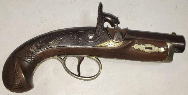 ANTIQUE TARGET PISTOL: Circa 1855, Percussion "Derringer" type pistol, .41 caliber, well-made imitation of genuine Derringer, possibly of German origin, checkered stock. Deaccessioned from a Midwestern Museum. (Antique, no 