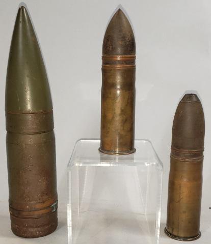 3 ANTIQUE ARTILLERY SHELLS: 1-Circa 1918, shell, artillery, WWI, 37 mm, steel projectile w/ brass tip marked "38 18", & anchor, end has been removed, brass casing marked on base "PDPs 401917", also flaming bomb & "85" Initials "