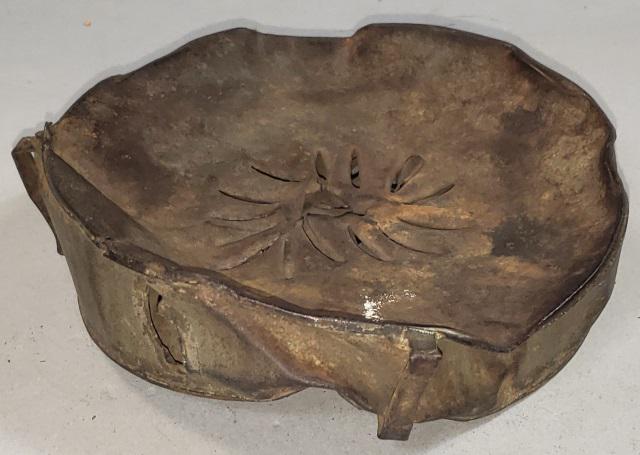CIVIL WAR CANTEEN: Circa 1862 - Civil War canteen, confederate, tin hand-soldered, drum-shaped, three loops for strap, spout missing, crushed & punched full of holes w/knife so union soldiers could not use it. Deaccessi