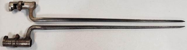 2 BAYONETS: 1-Circa 1863 Triangular socket bayonet, Civil War era. For U.S. rifle musket, M1855, 2-Circa 1862 Triangular socket bayonet. Civil War era. For U.S. rifle musket, M1855, "U.S." imprinted at base. Used