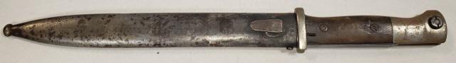 GERMAN BAYONET: Circa 1946, German bayonet, wood grip, steel quillon & pommel, serial #7582, convex groove running down back of blade (b) tapered metal sheath w/ball at end, "43aSW" on one side of bottom & "6363" & "
